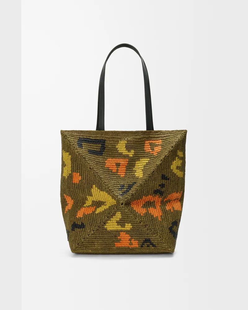 Loewe Large Puzzle Fold Tote In Raffia And Leather skin Mujer Olive
