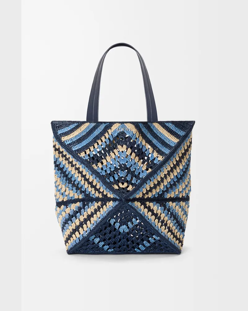 Loewe Xl Puzzle Fold Tote In Raffia Hombre Navy