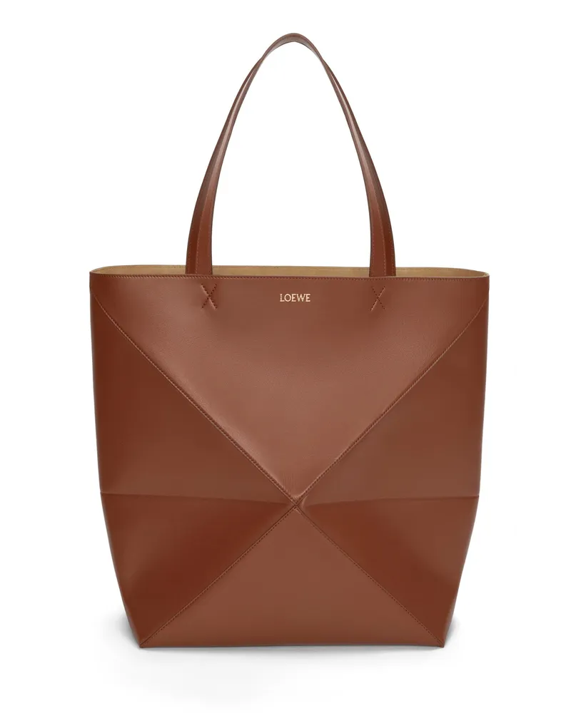 Loewe Luxury Xl Puzzle Fold Tote In Shiny Calfskin Brownie