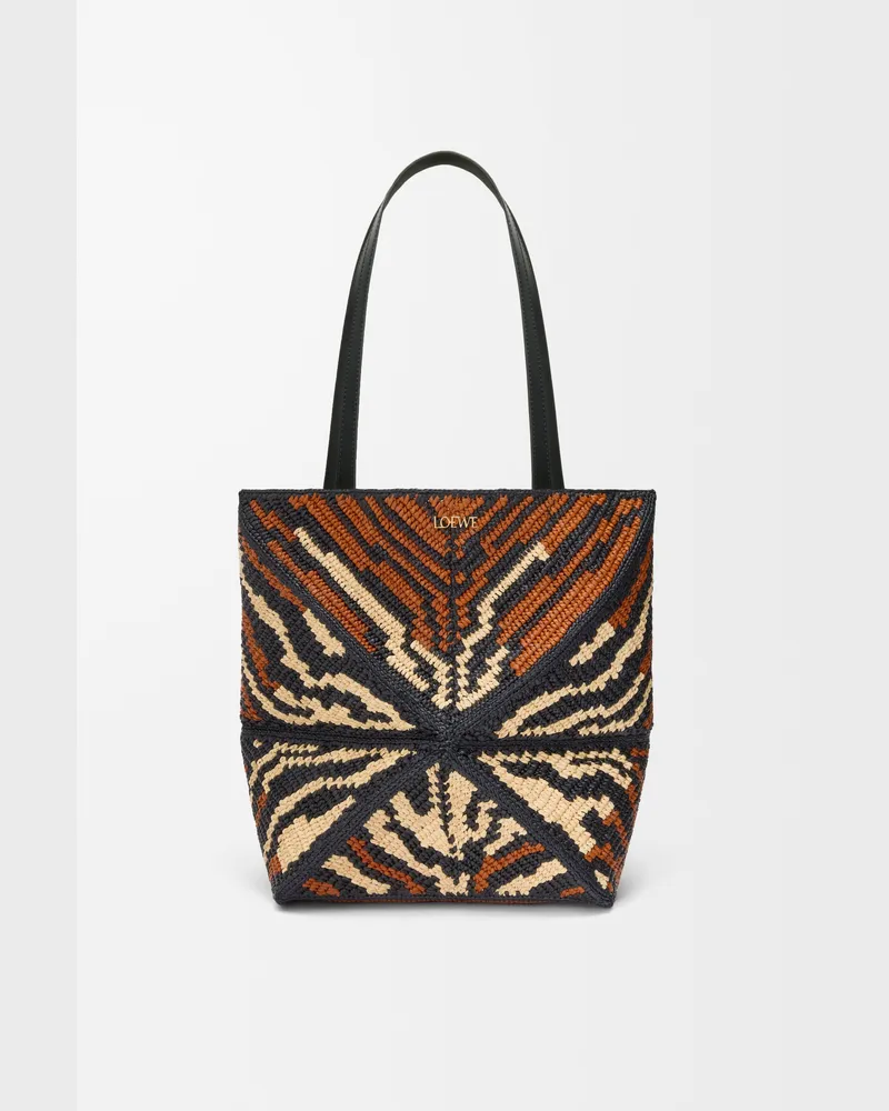 Loewe Medium Puzzle Fold Tote In Raffia And Leather skin Mujer Black