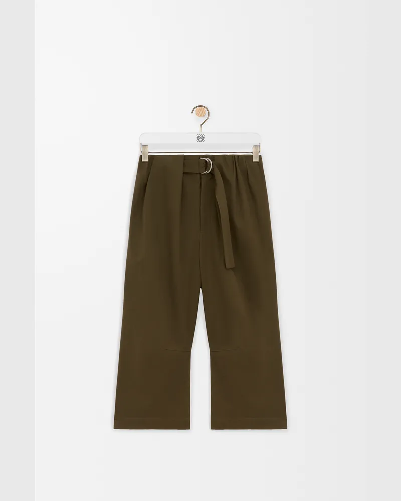 Loewe Cropped Belted Trousers In Cotton And Silk Size Mujer Khaki