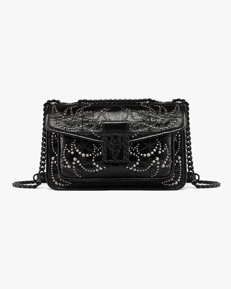 MCM Travia Schultertasche aus gestepptem Knautschleder mit Nieten Black