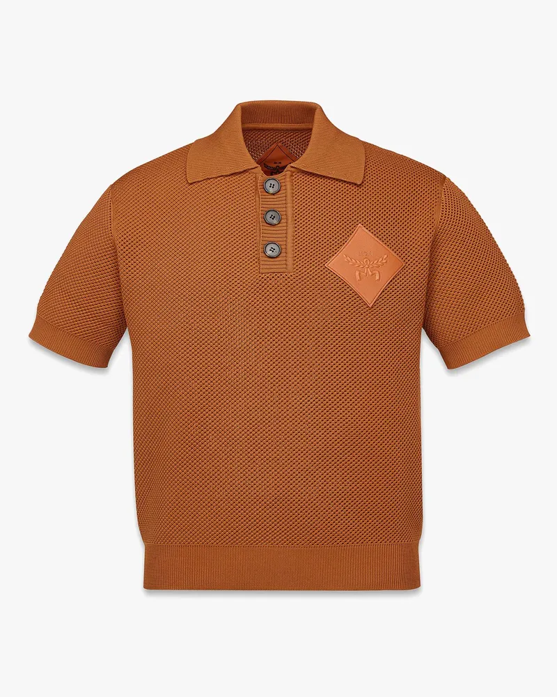 MCM Strick-Polo mit Logoaufnäher Cognac