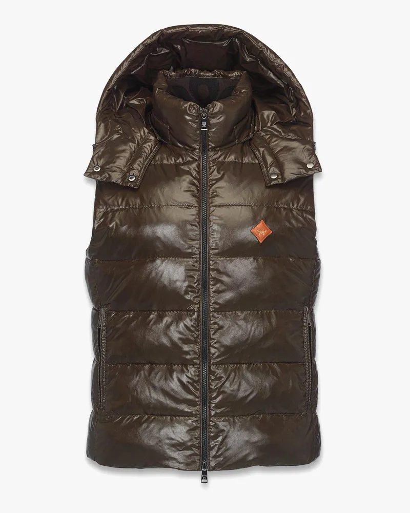 MCM Daunenweste aus recyceltem Nylon mit abnehmbarer Kapuze Brown