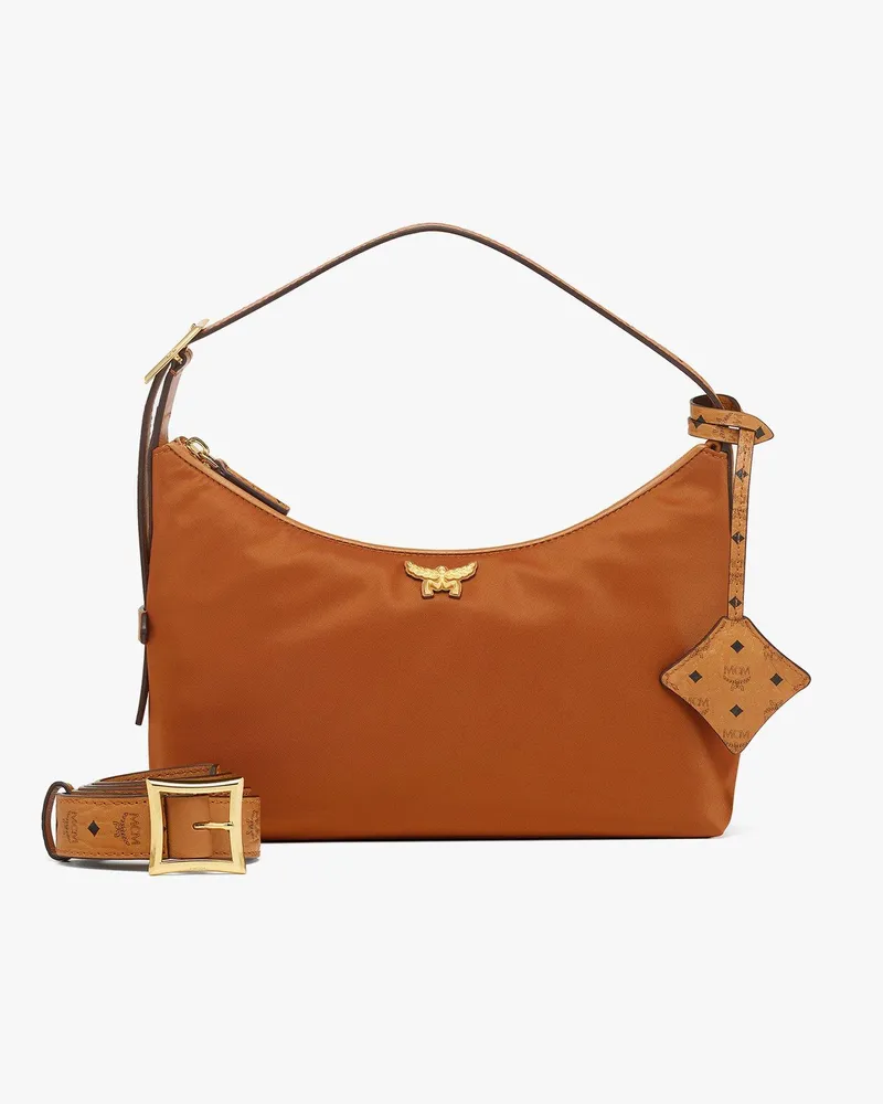 MCM Aren Hobo aus recyceltem Nylon und Leder mit Monogramm-Print Cognac