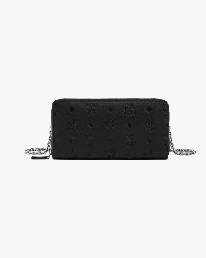 MCM Aren Portemonnaie aus Leder mit Rundum-Reissverschluss, Kettenriemen und geprägtem Monogramm Black