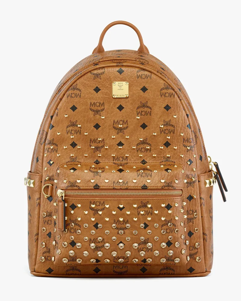 MCM Stark Rucksack mit seitlichen Nieten in Gold Crystal Visetos Cognac