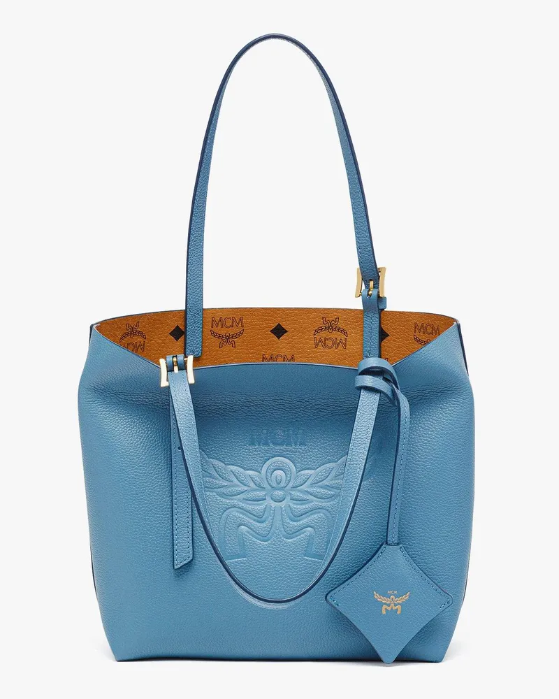 MCM Himmel Shopper aus Leder mit Logoprägung Blue