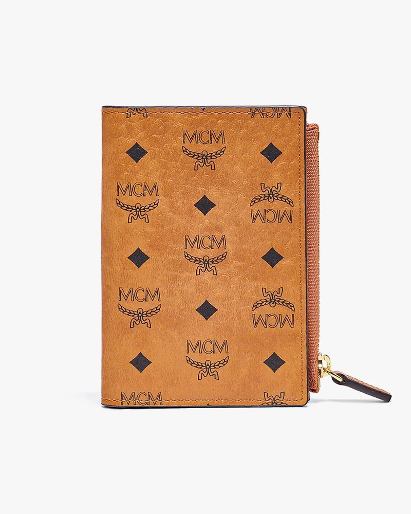 MCM Gefaltete Brieftasche für Karten in Visetos Original mit Reissverschluss Cognac