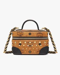 MCM Aren Kosmetiktasche in Visetos mit goldenen Nieten Cognac