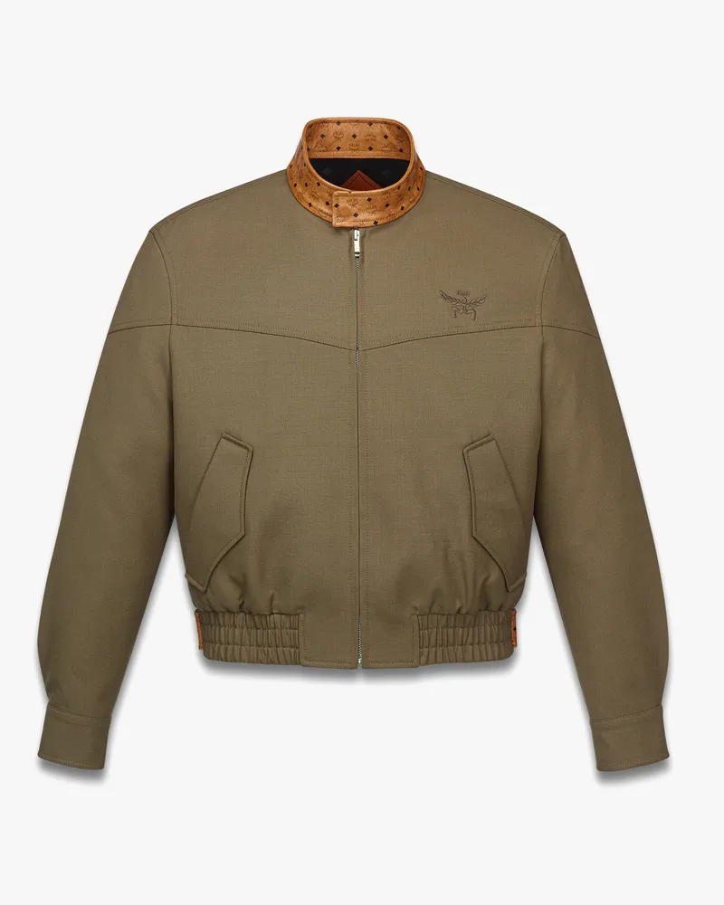 MCM Jacke aus Woll-Twill und Leder mit Monogramm-Print Khaki