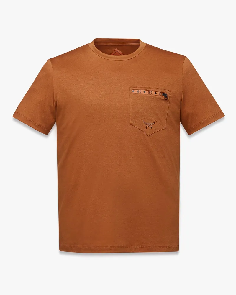 MCM Logo-T-Shirt aus merzerisierter Baumwolle mit Reissverschlusstasche Cognac