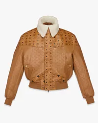 MCM Lammfellkragen-Bomberjacke in Visetos Leder-Mix Cognac