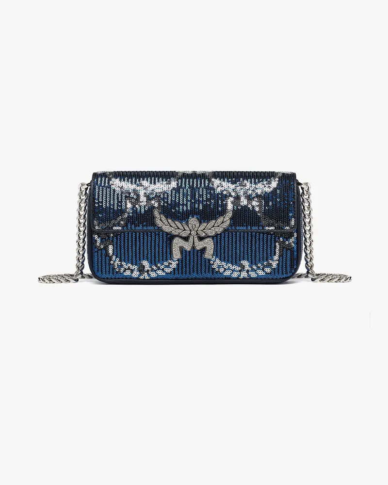MCM Himmel Schultertasche aus Leder mit Monogramm und Pailletten Navy