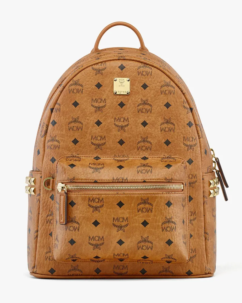 MCM Stark Rucksack in Visetos mit seitlichen Nieten Cognac