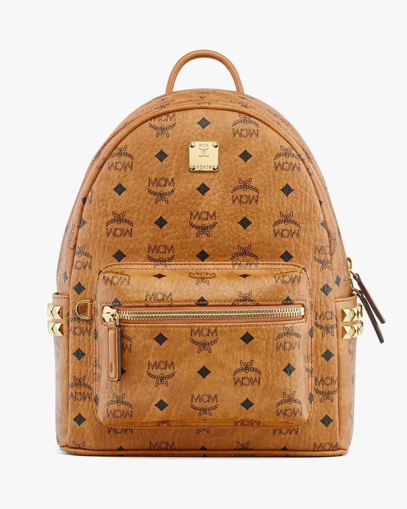 MCM Stark Rucksack in Visetos mit seitlichen Nieten Cognac