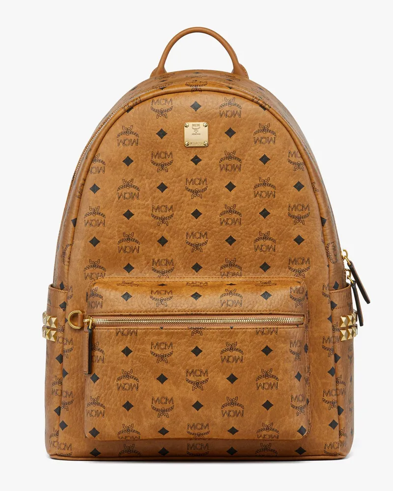 MCM Stark Rucksack in Visetos mit seitlichen Nieten Cognac