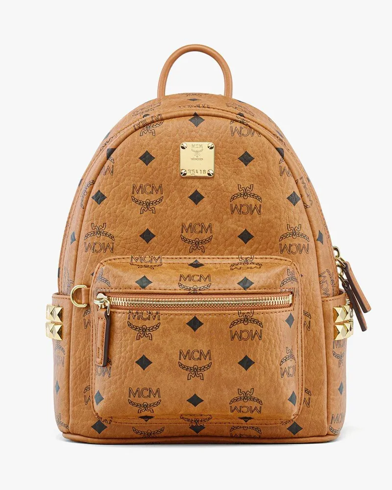 MCM Stark Rucksack in Visetos mit seitlichen Nieten Cognac