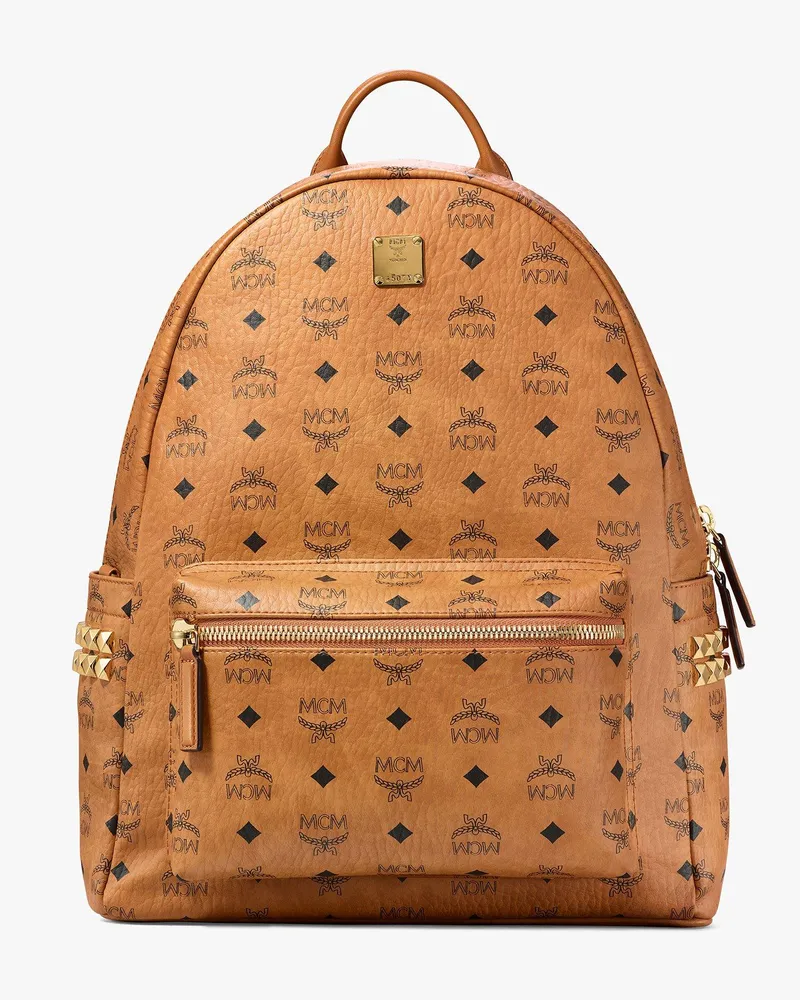 MCM Stark Rucksack in Visetos mit seitlichen Nieten Cognac