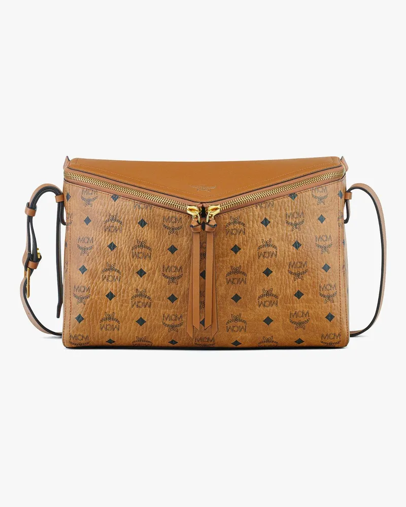 MCM Diamant 3D Schultertasche in Visetos Leder-Mix Cognac