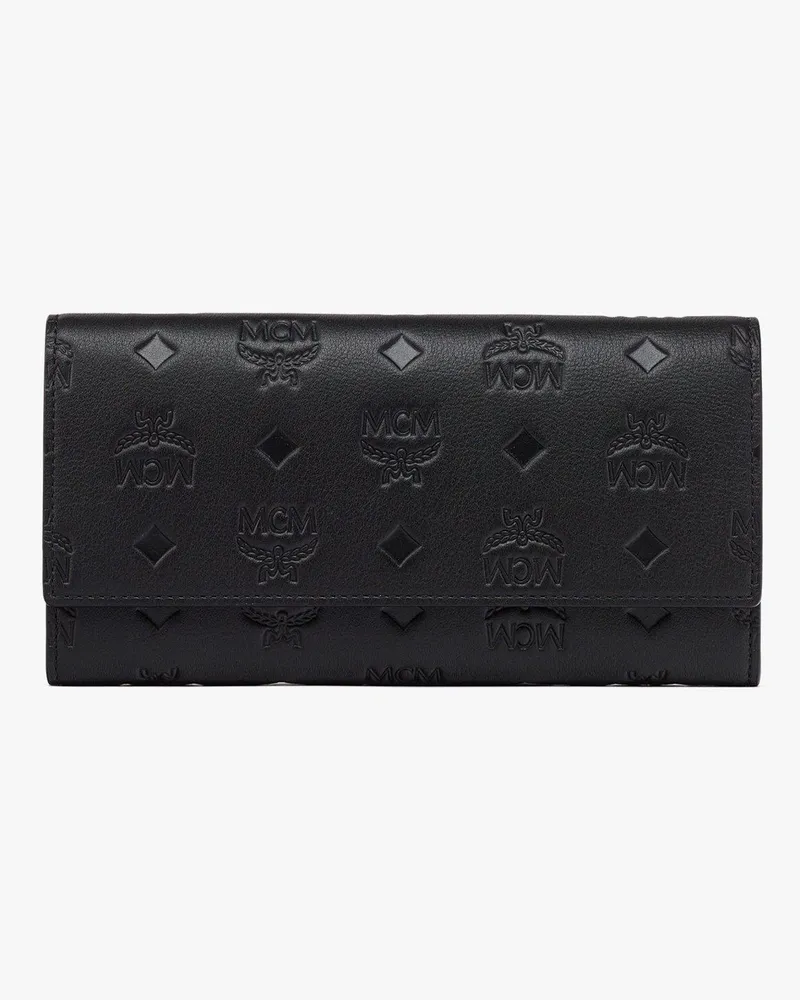 MCM Aren kontinentales Portemonnaie aus geprägtem Leder mit Monogramm Black