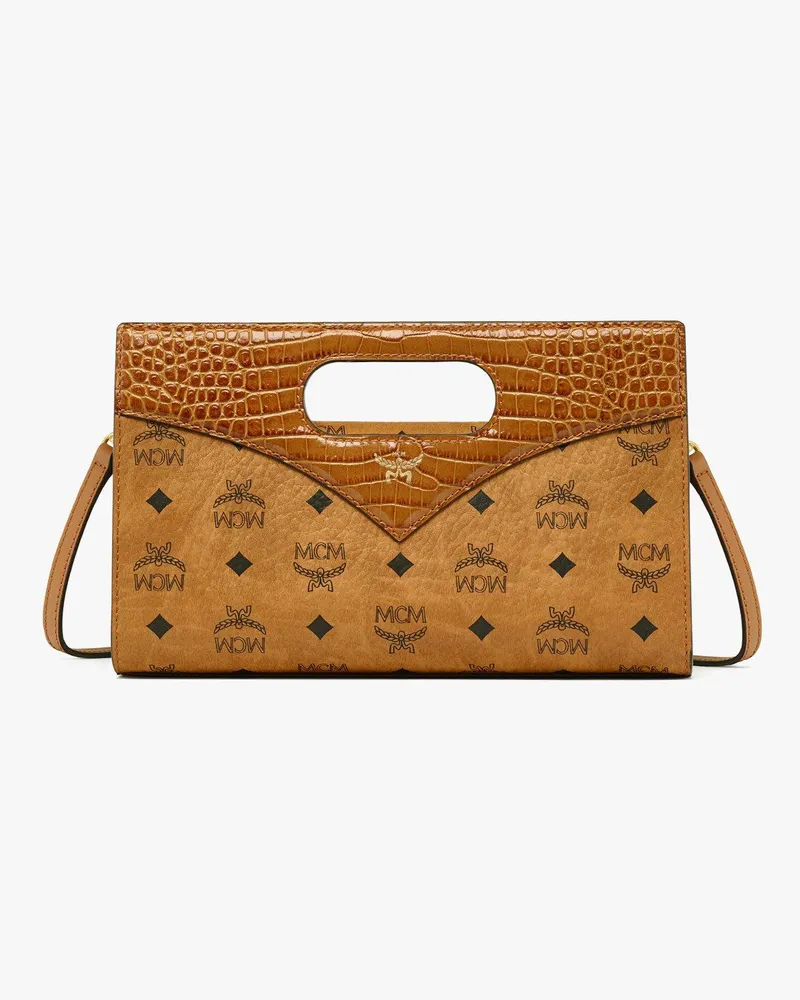MCM Diamond Tragetasche in Visetos und Leder mit Kroko-Prägung Cognac