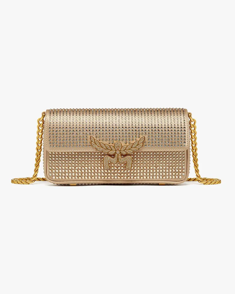 MCM Himmel Schultertasche aus Satin mit Kristallen Beige