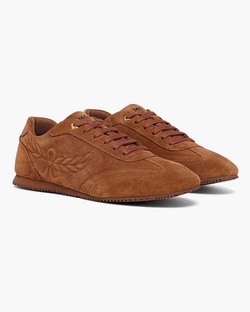MCM Sneaker Federlite in Veloursleder mit Laurel-Prägung Cognac