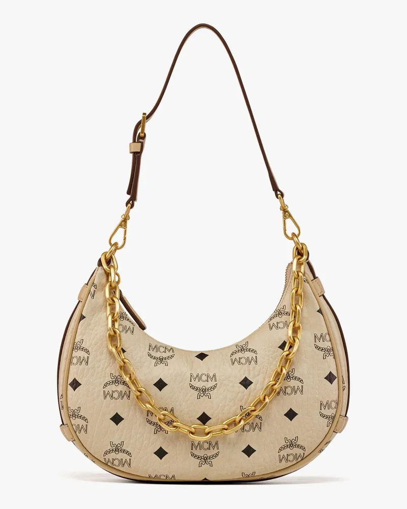 MCM Aren sichelförmige Hobo Bag in Visetos Beige+black