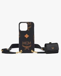 MCM Hülle für iPhone 15 Pro Max in Maxi Visetos mit Pouch-Anhänger für AirPods Black