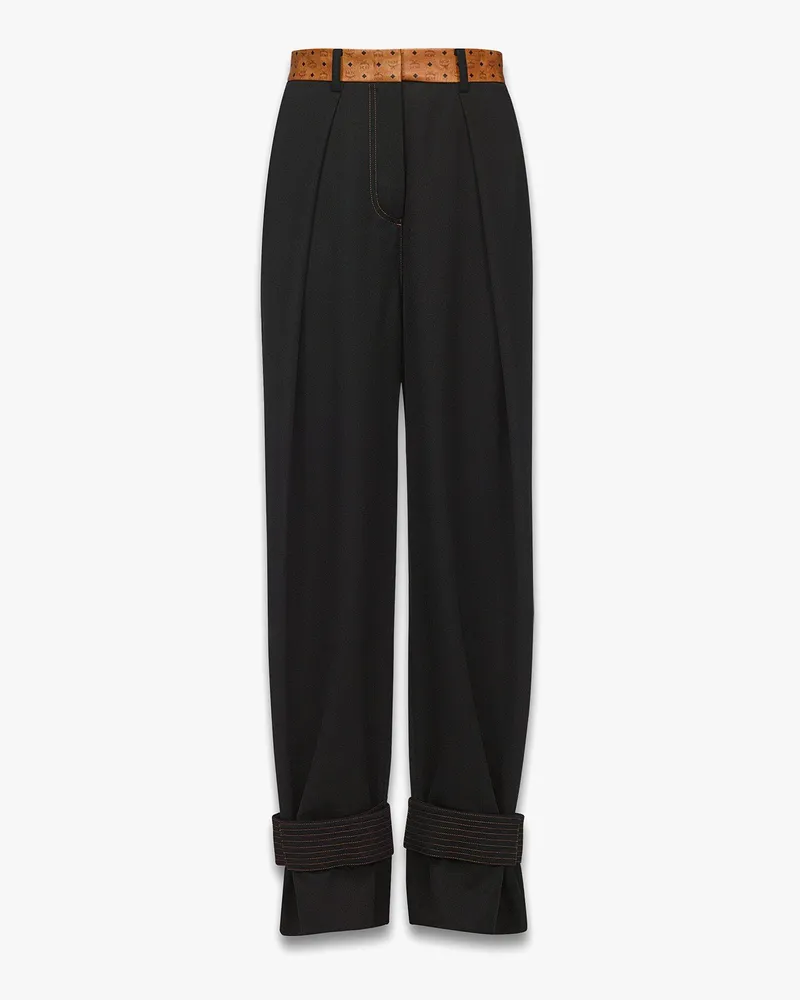 MCM Hose aus Woll-Twill und Leder mit Monogramm-Print Black