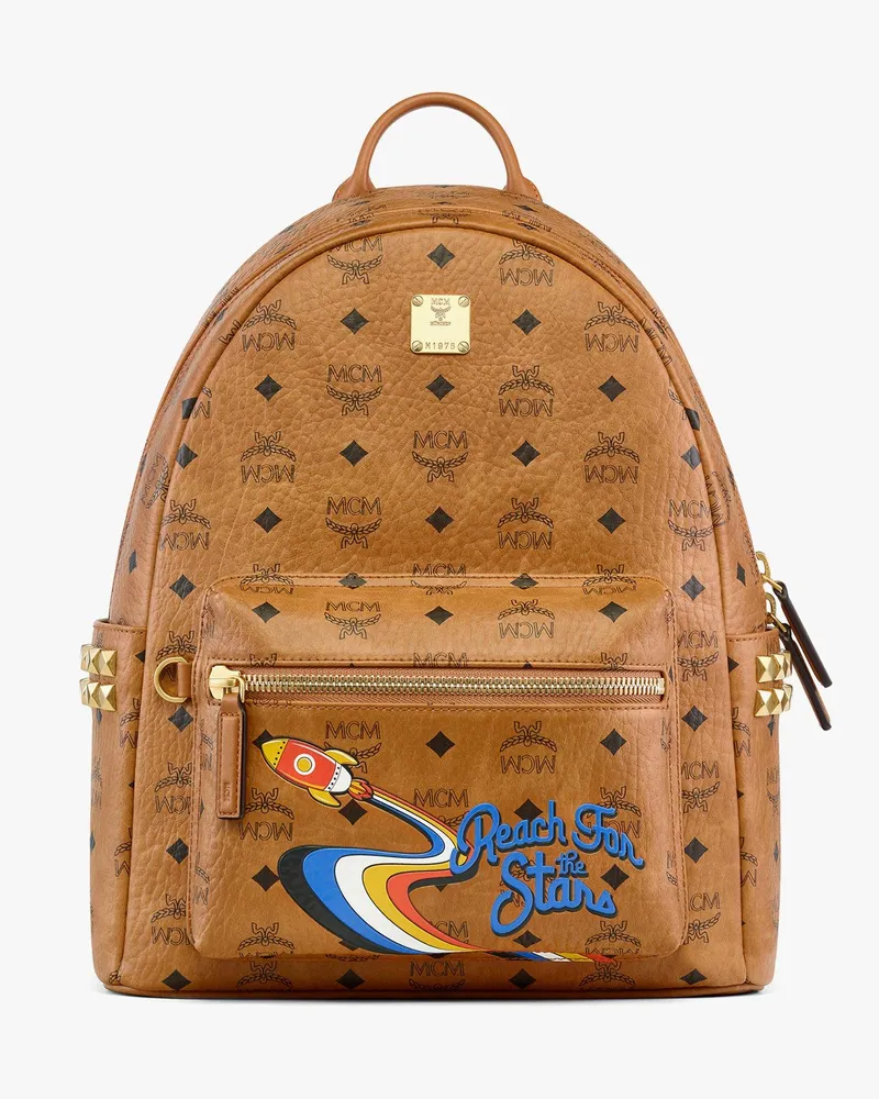 MCM Stark Rucksack in Rocket Visetos mit seitlichen Nieten Cognac