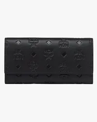 MCM Aren kontinentales Portemonnaie aus geprägtem Leder mit Monogramm Black