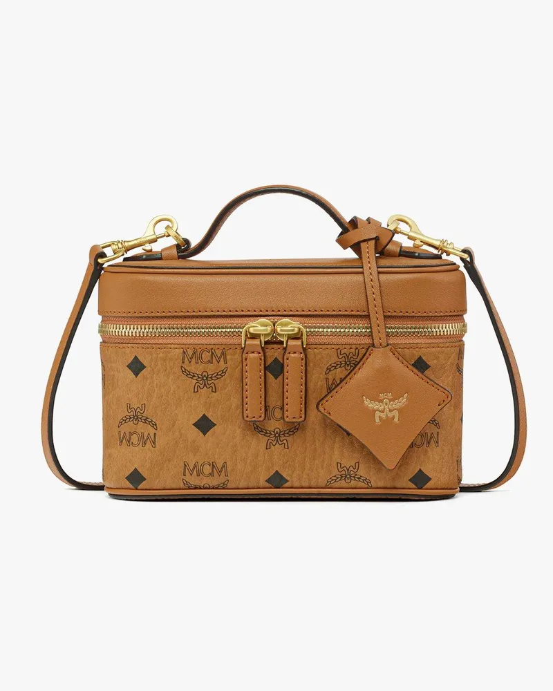 MCM Aren Kosmetiktasche aus Visetos-Leder-Mix Cognac