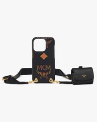 MCM Hülle für iPhone 15 Pro in Maxi Visetos mit Pouch-Anhänger für AirPods Black