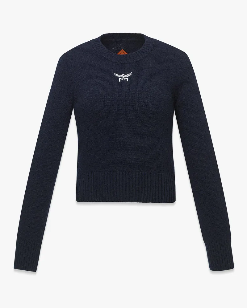 MCM Pullover aus Wolle und recyceltem Kaschmir mit Laurel-Logo und verkürzter Passform Navy