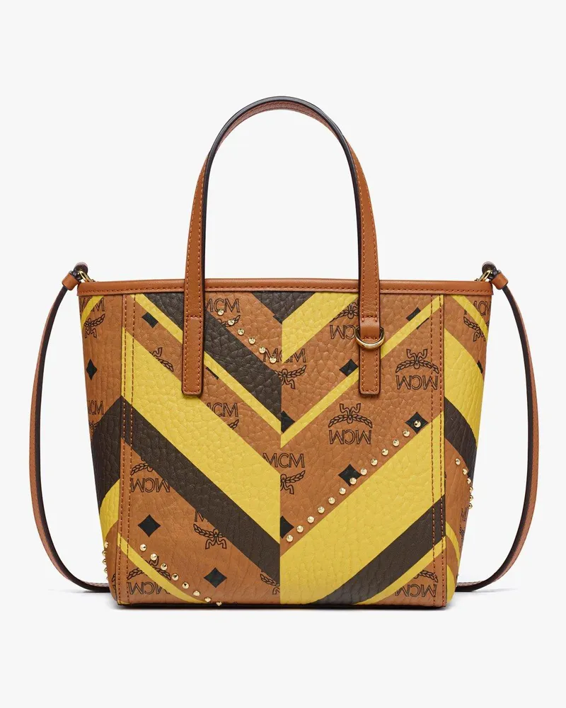 MCM Toni Shopper mit Reissverschluss und Nieten in Mega-Fischgrät-Visetos Cognac