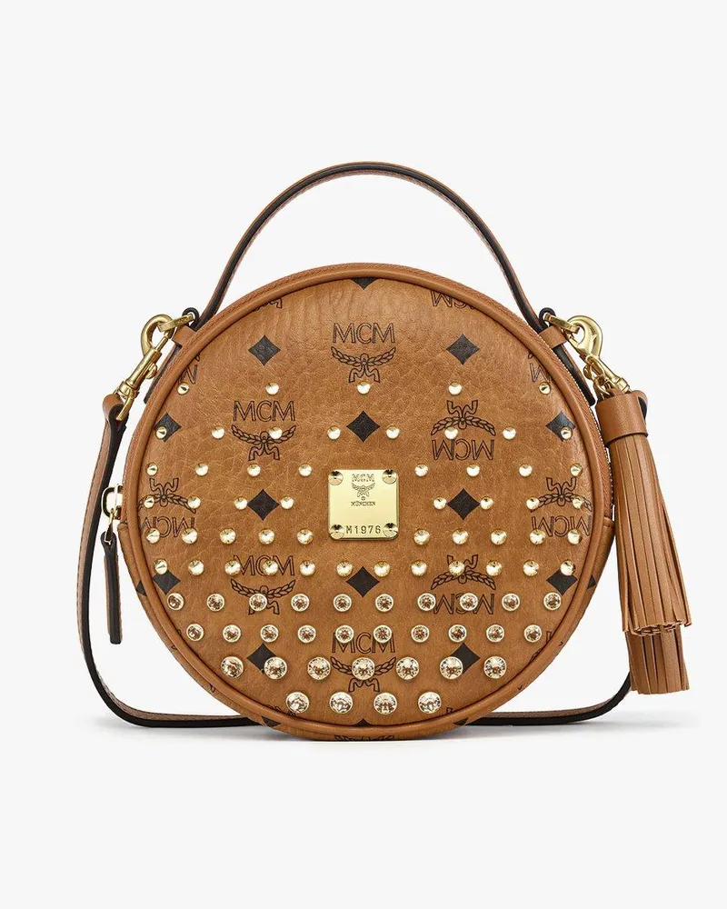 MCM Pina Tamburin-Umhängetasche in Gold Crystal Visetos Cognac