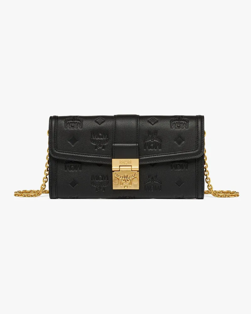 MCM Tracy Portemonnaie aus geprägtem Leder mit Monogramm und Kettenriemen Black