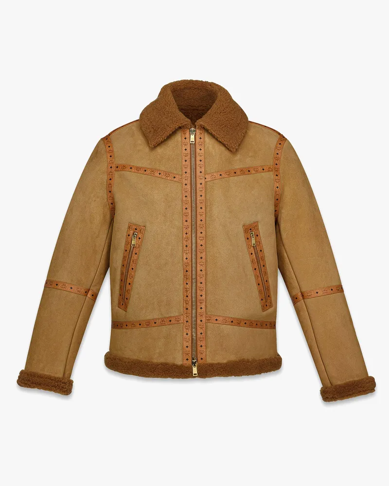 MCM Jacke aus Veloursleder mit Lammfell und Monogramm-Print Cognac