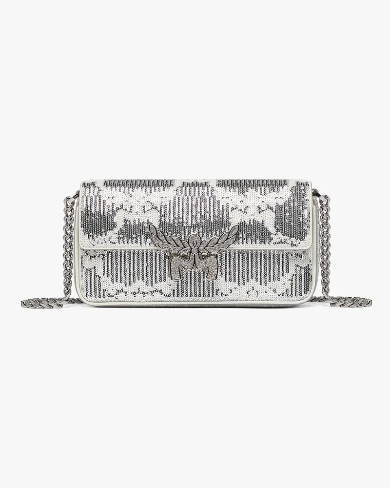 MCM Himmel Schultertasche aus Leder mit Monogramm und Pailletten Silver