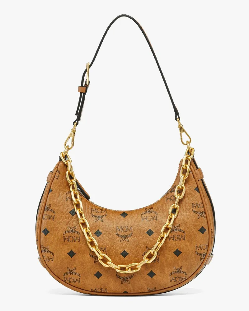MCM Aren sichelförmige Hobo Bag in Visetos Cognac