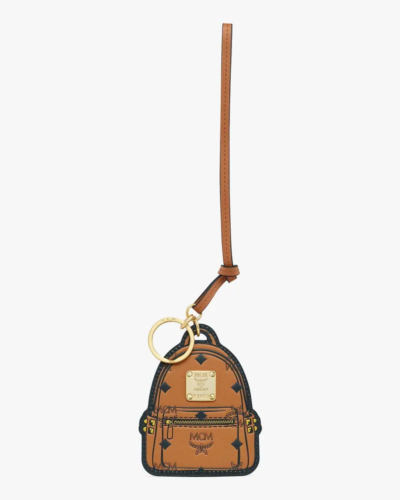 MCM 2D Stark Rucksack-Anhänger aus Leder mit Monogramm-Print Cognac