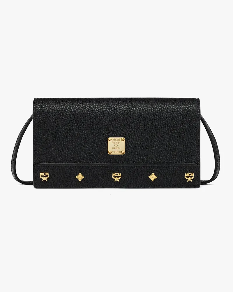 MCM Pina Portemonnaie zum Umhängen aus Kalbsleder mit Nieten Black