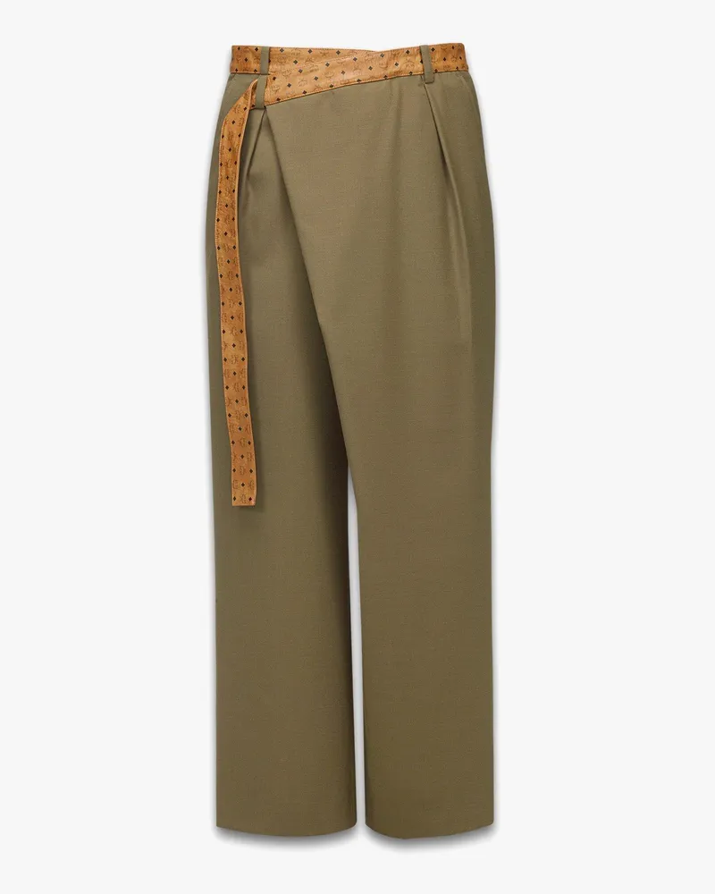 MCM Hose aus Woll-Twill und Leder mit Monogramm-Print Khaki
