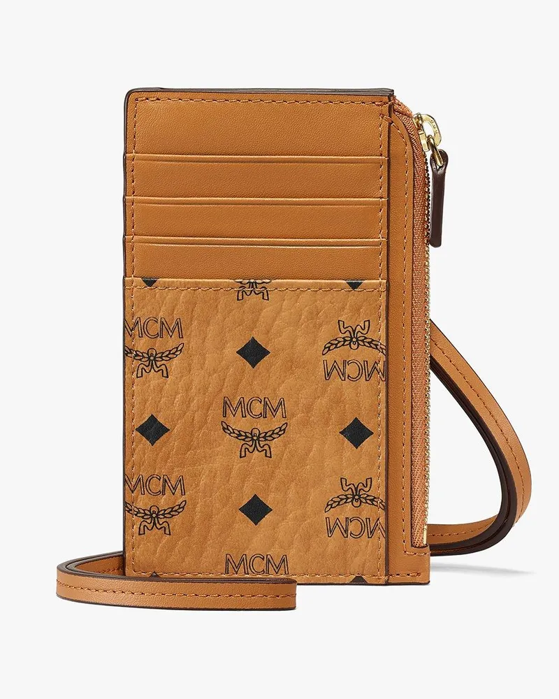 MCM Kartenetui in Visetos Original mit Schlüsselband Cognac