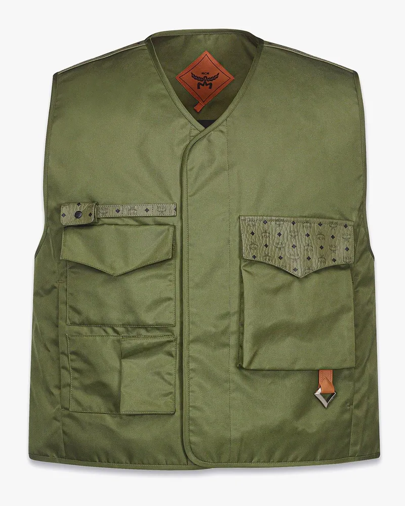 MCM Weste aus ECONYL® und Leder mit Monogramm-Print Khaki