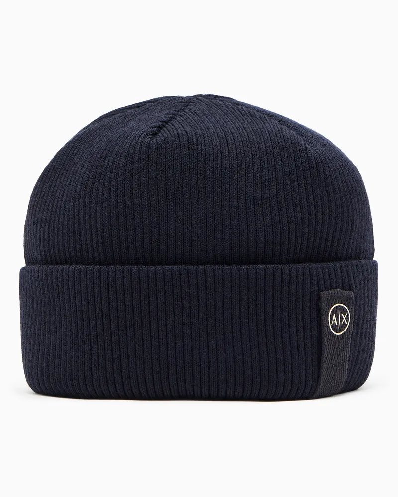 Armani Exchange Beanie-Mütze aus Woll- und Baumwollmischung Marineblau