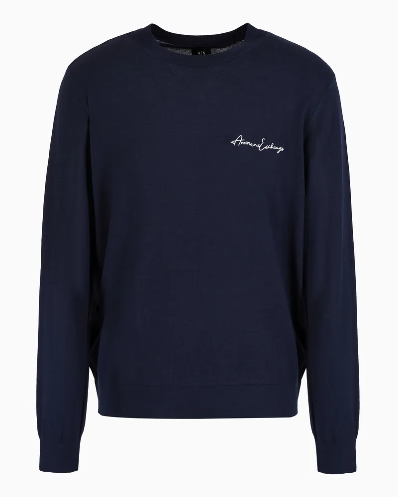 Armani Exchange Rundhalspullover aus Wollmischung mit Logo auf der Brust Marineblau