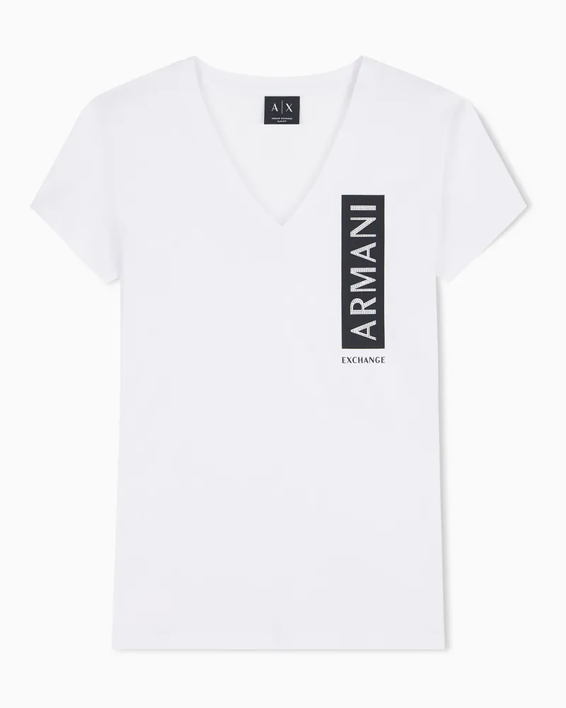 Armani Exchange T-Shirt Up For Party aus Baumwolljersey mit V-Ausschnitt Weiß